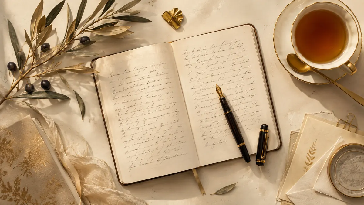 Illustration : bureau d'écrivain, stylo et carnet